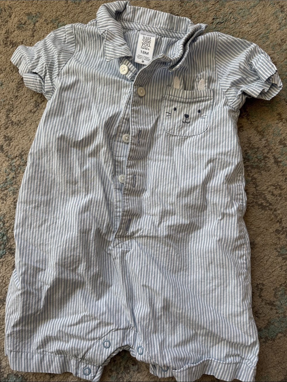 Carter's Blue and White Striped Short-Sleeve Romper with Pocket Bunny
